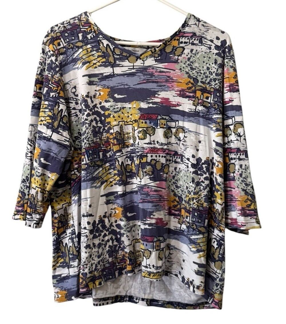 CJ Banks Women Size 1X 3/4 Sleeve Pullover Shirt Blouse Cottagecore City Print
